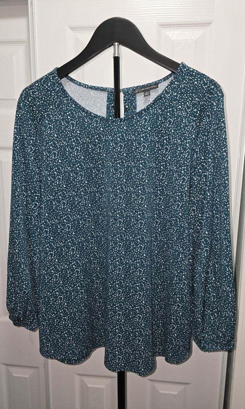 Adrianna Papell Blouse XL Teal Green White Printed Long Sleeve Keyhole Top